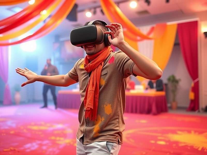 VR Bollywood Dance Wave Holi event showing colorful dance floor and avatar covered in virtual colors